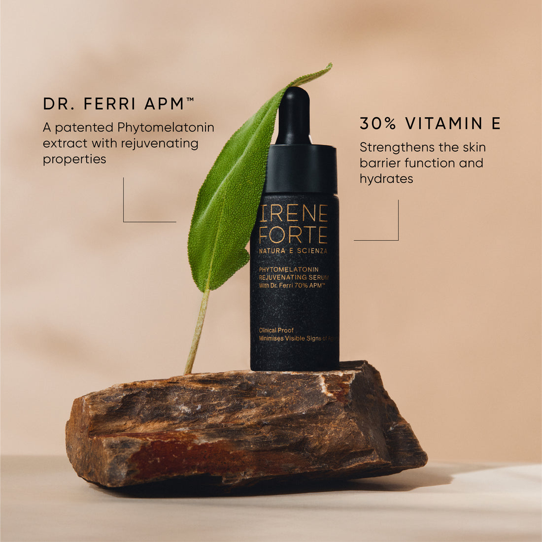 Irene Forte Phytomelatonin Rejuvenating Serum bottle and packaging on a white background with serum swatch texture