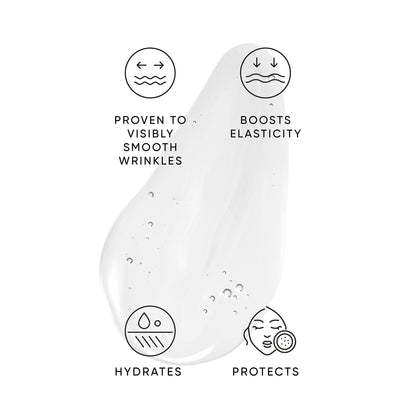 Icons demonstrating the benefits of Hibiscus Serum including boosts elasticity and proven to visibly smooth wrinkles