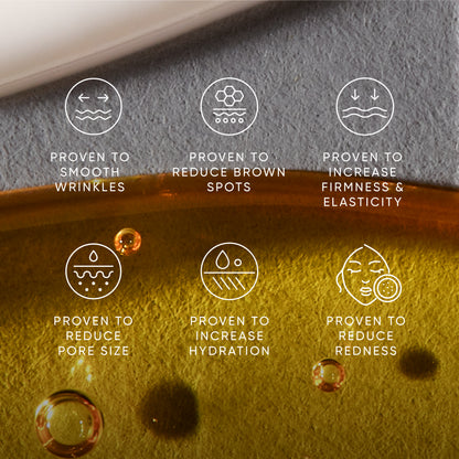 Cosmetic product with icons and text highlighting its benefits on a textured surface.