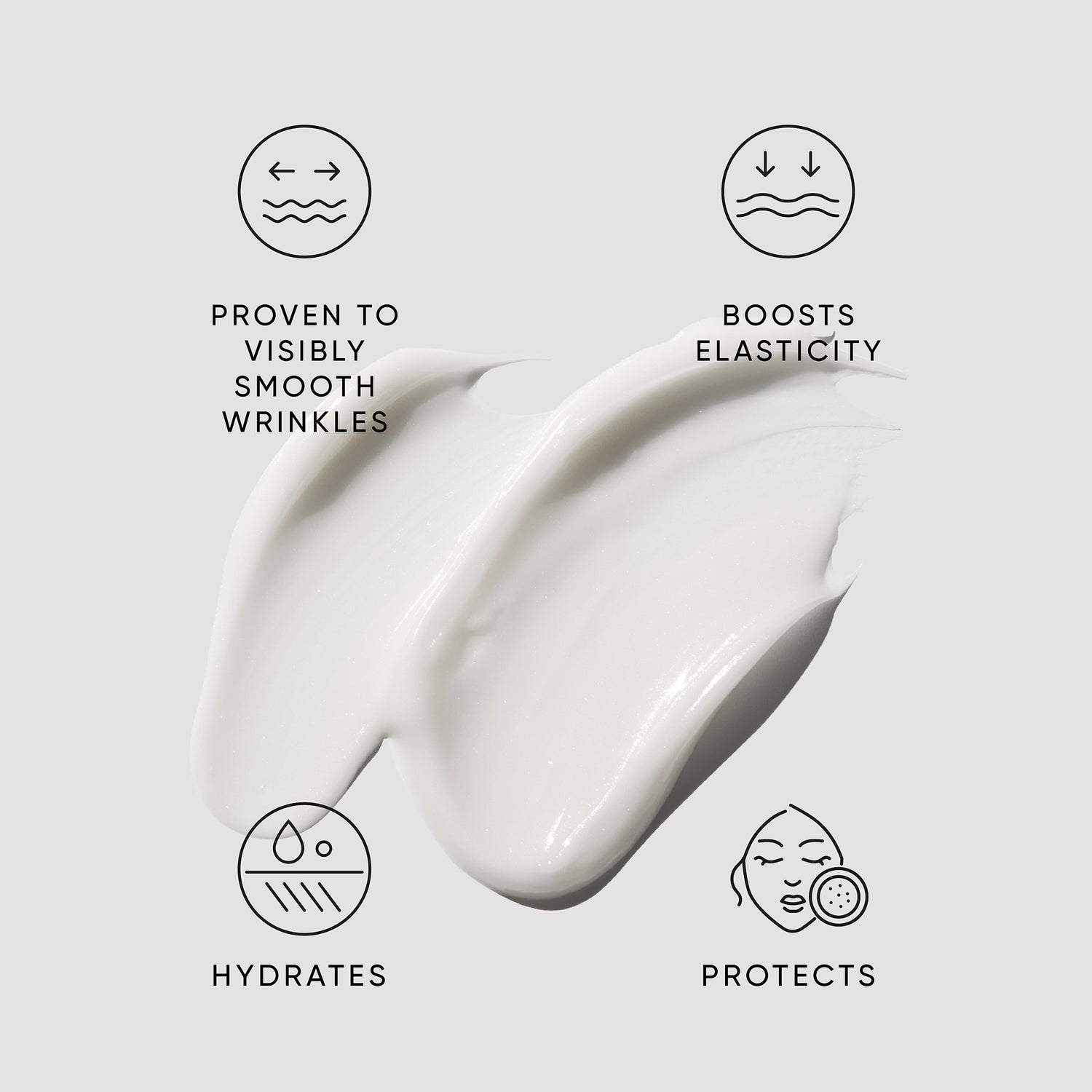 Hibiscus Night Cream icons against a white background, conveying it is proven to visibly smooth wrinkles, boosts elasticity, hydrates and protects
