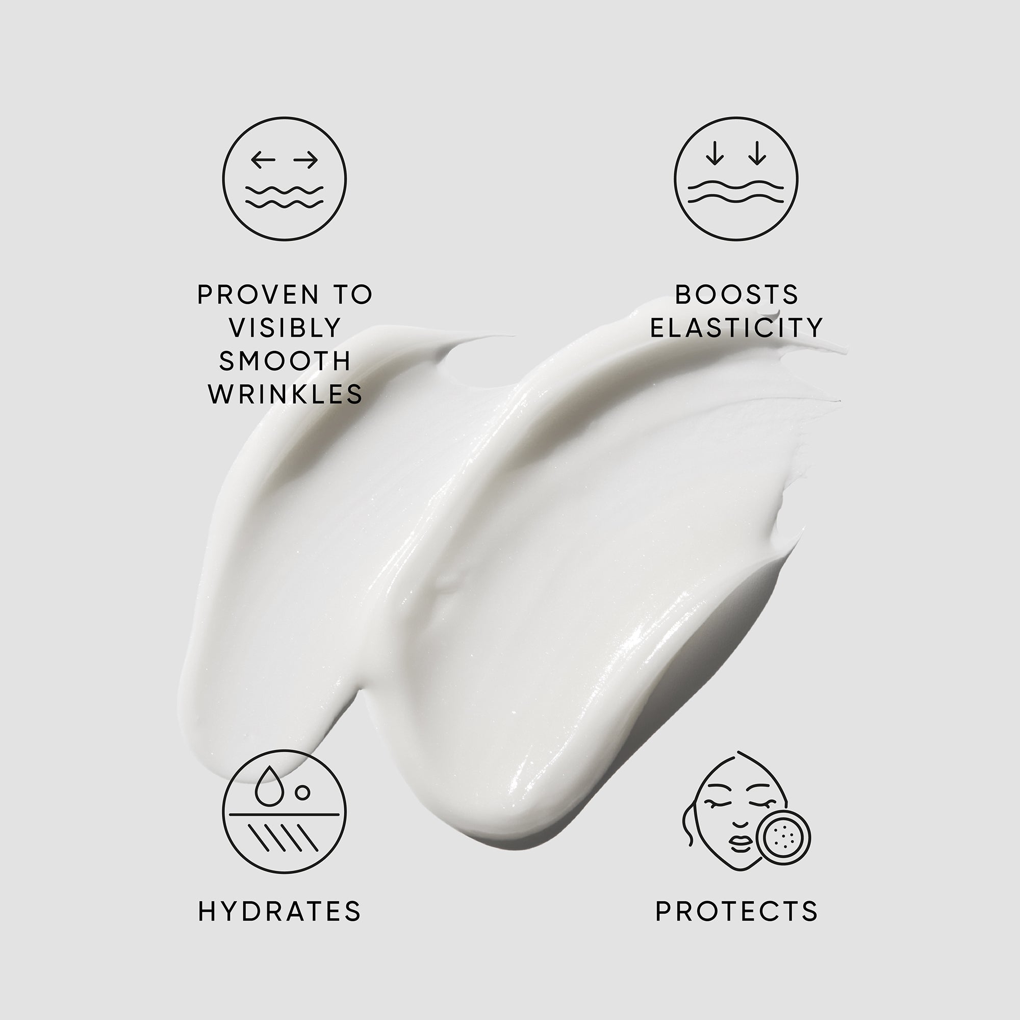 Hibiscus Night Cream icons against a white background, conveying it is proven to visibly smooth wrinkles, boosts elasticity, hydrates and protects