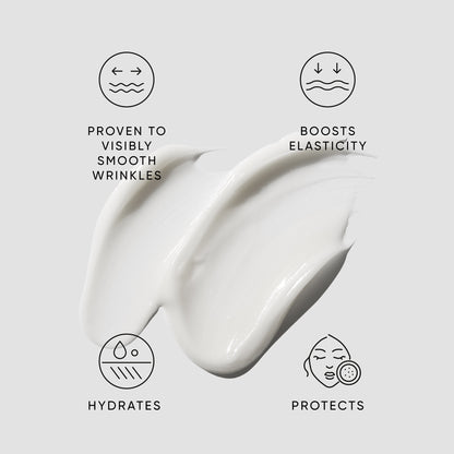 Hibiscus Night Cream icons against a white background, conveying it is proven to visibly smooth wrinkles, boosts elasticity, hydrates and protects