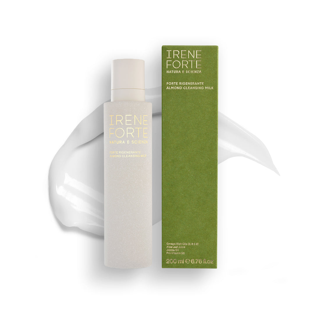 Irene Forte almond cleansing milk bottle and packaging on a white background