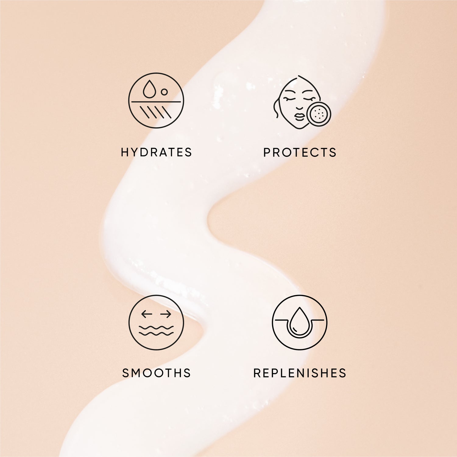 Skin care product benefits displayed on a beige background with icons and text.