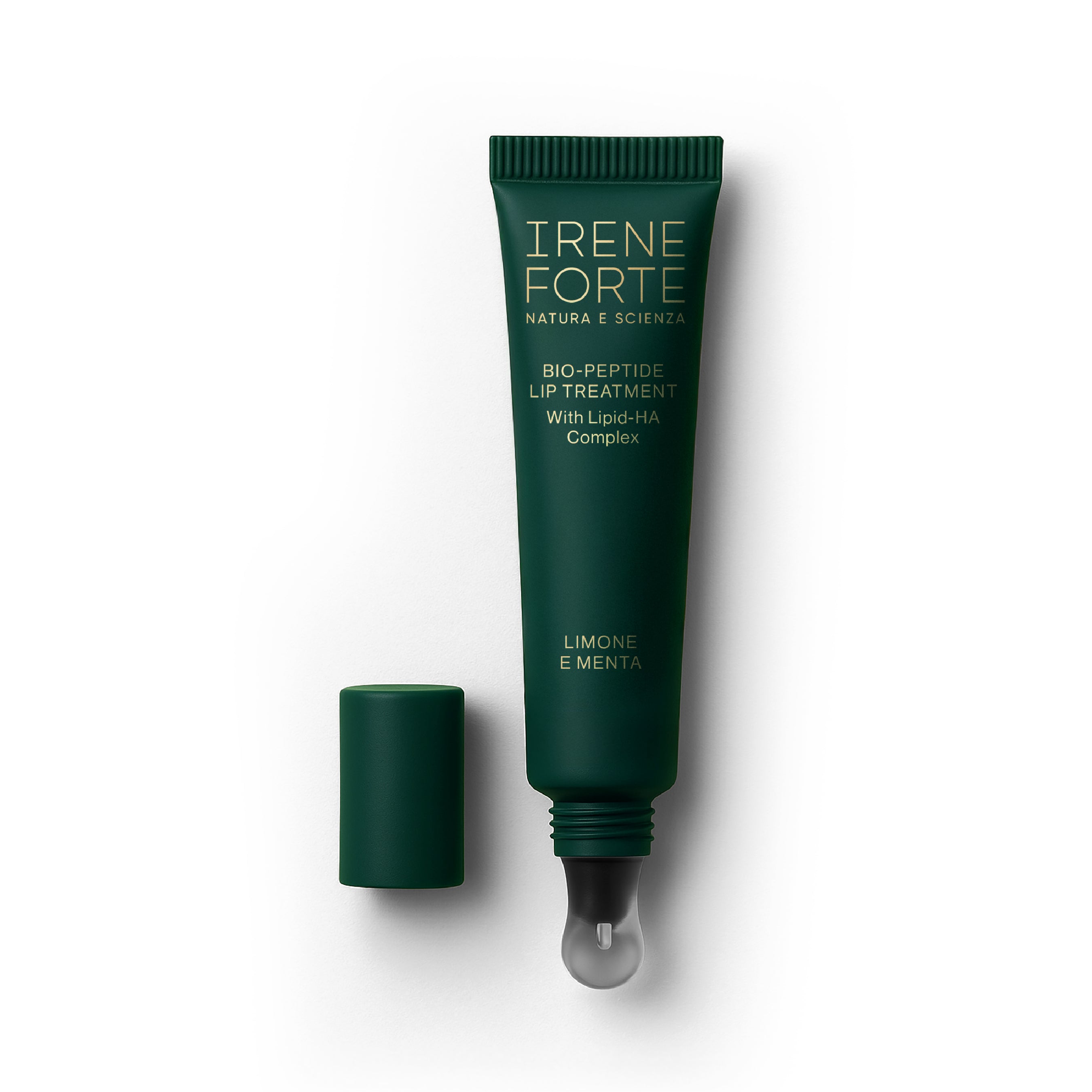 Green lip treatment tube with applicator on a white background