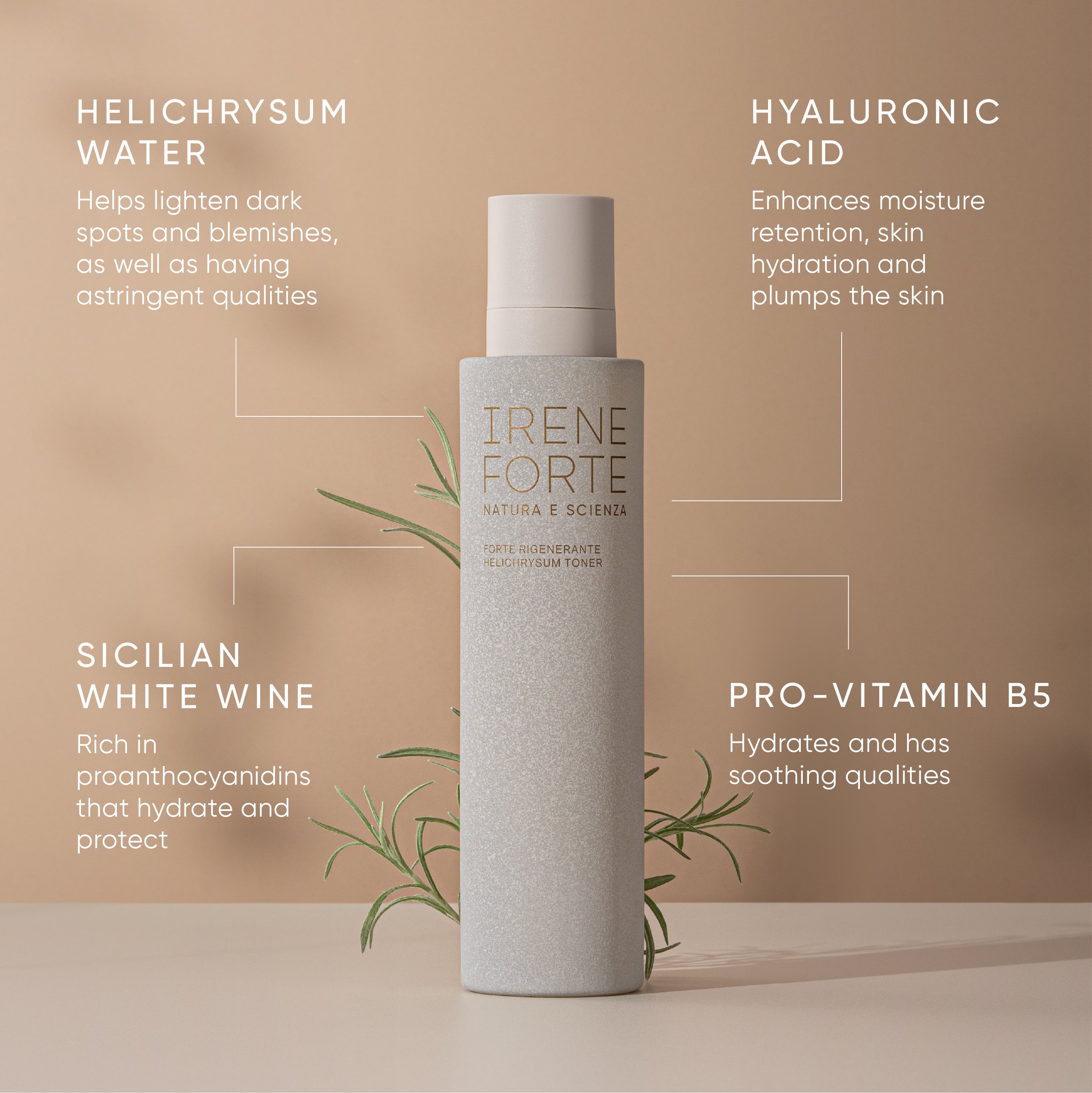 Irene Forte skincare Helichrysum Hydrating Toner product with ingredients listed on a beige background. Key ingredients include Helichrysum Water, Sicilian White Wine, Hyaluronic Acid and Pro-Vitamin B5