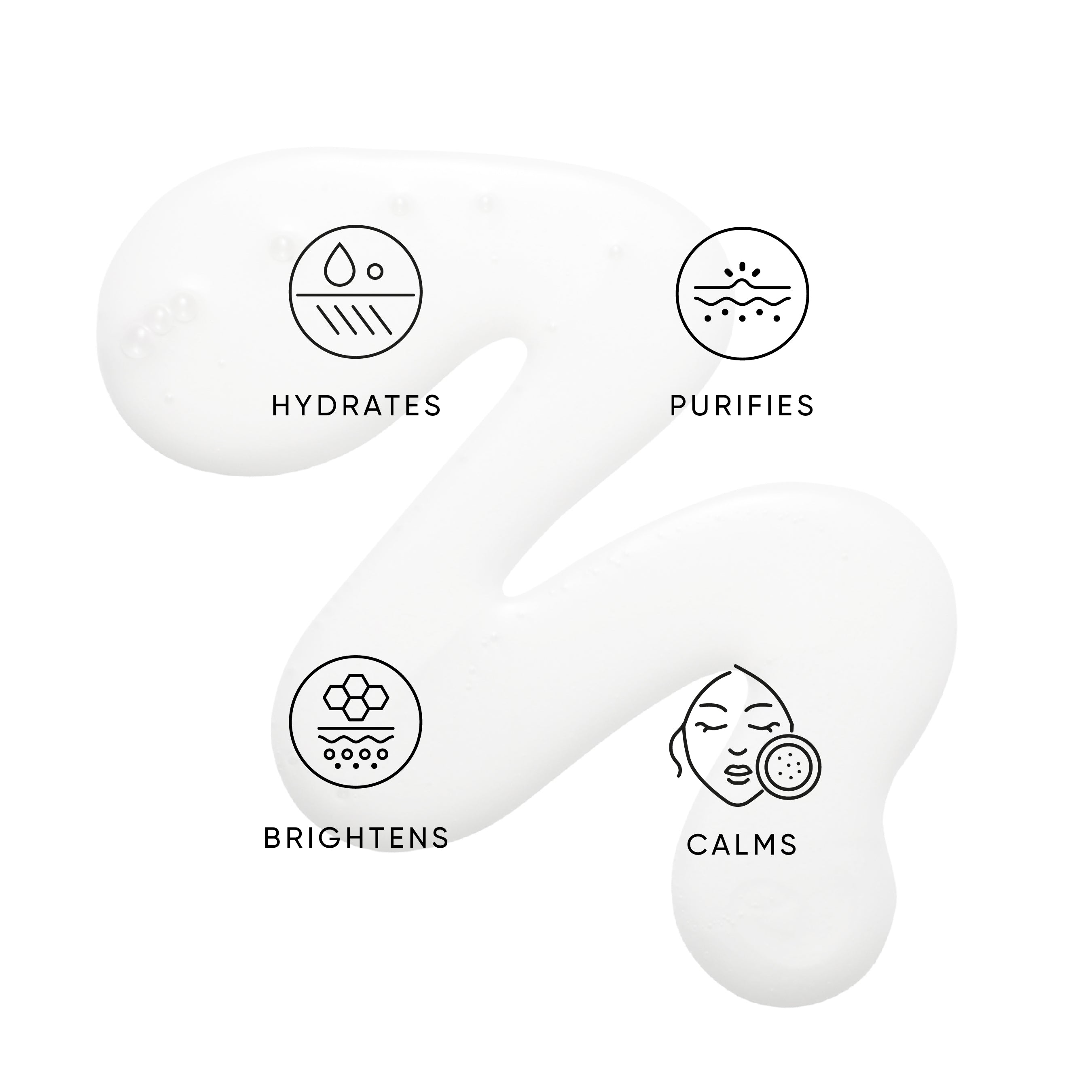 Icons and text indicating hydration, purification, brightening, and calming benefits of Helichrysum Hydrating Toner on a white background.