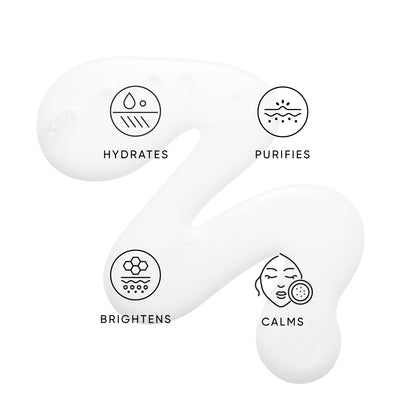 Icons and text indicating hydration, purification, brightening, and calming benefits of Helichrysum Hydrating Toner on a white background.