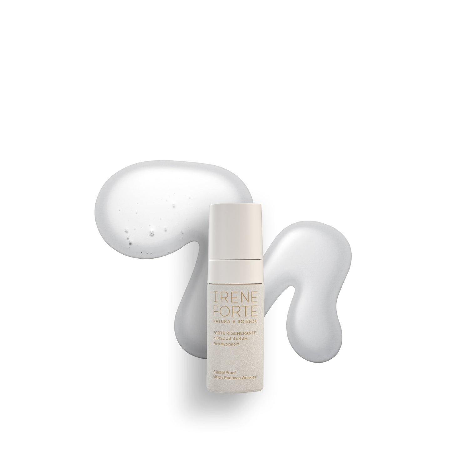 Travel-sized Hibiscus Serum packaging on a white background with texture swatch