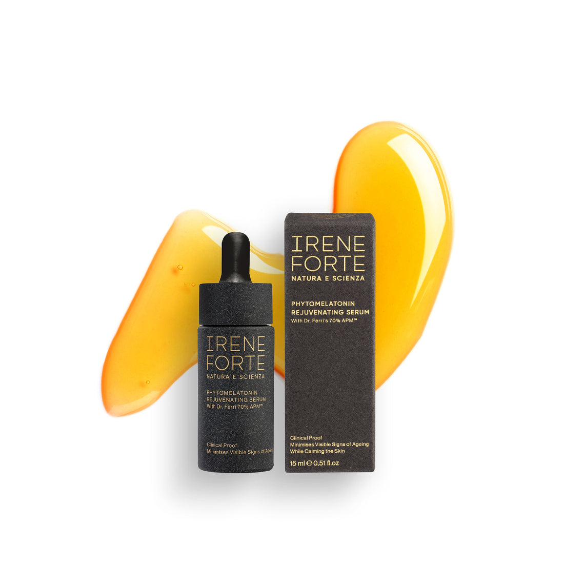 Irene Forte Phytomelatonin Rejuvenating Serum bottle and packaging on a white background with serum swatch texture 