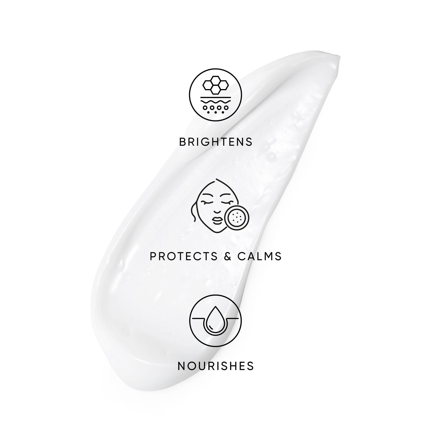 White skincare product with icons and text on a white background
