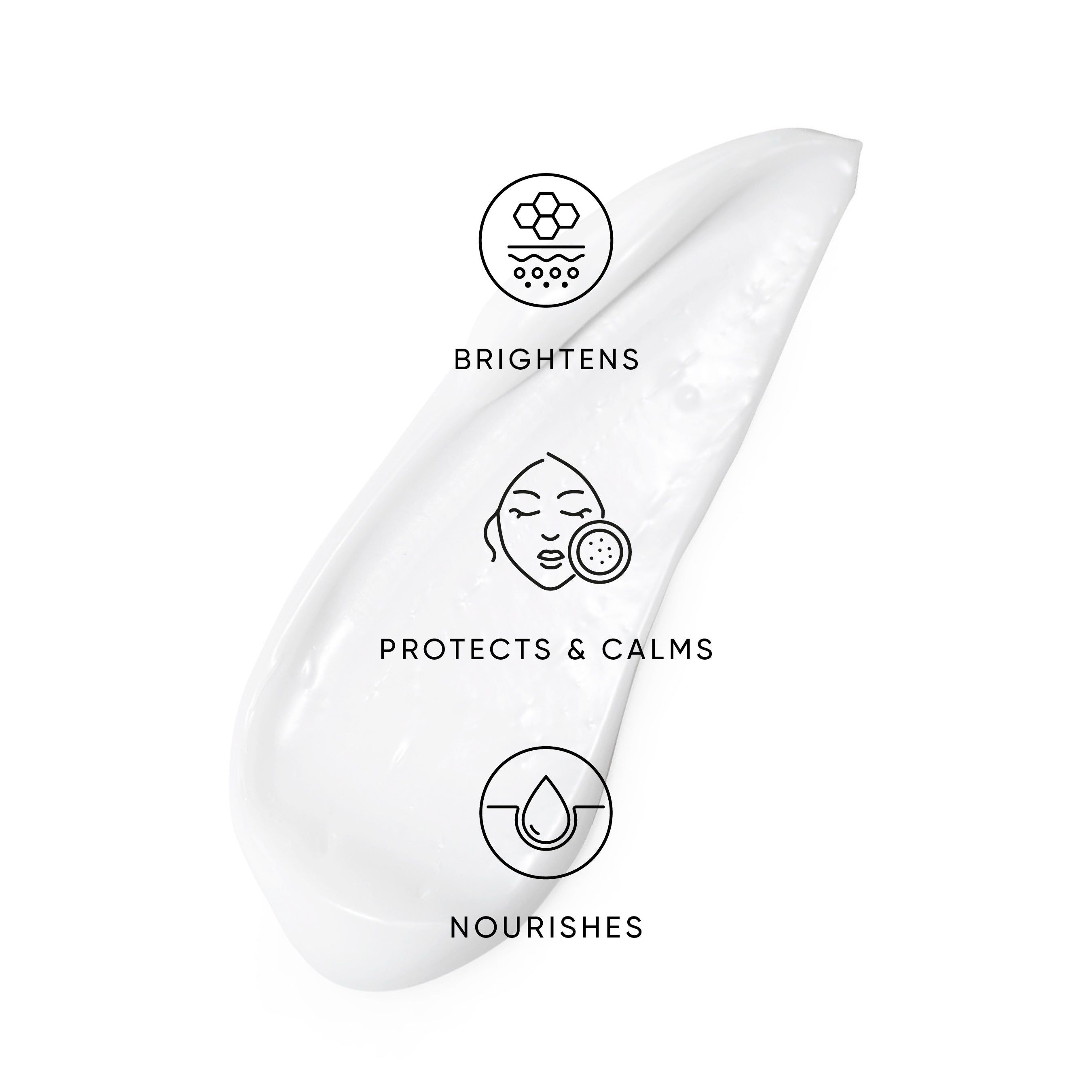 White skincare product with icons and text on a white background