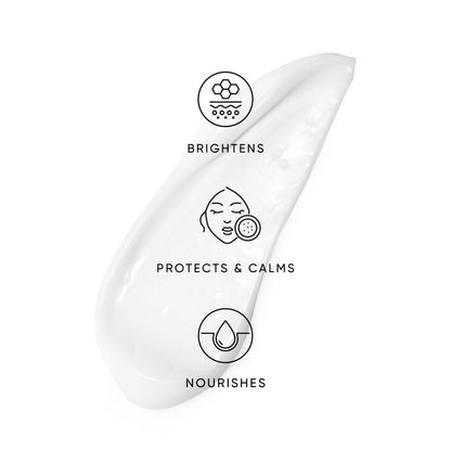 White skincare product with icons and text on a white background