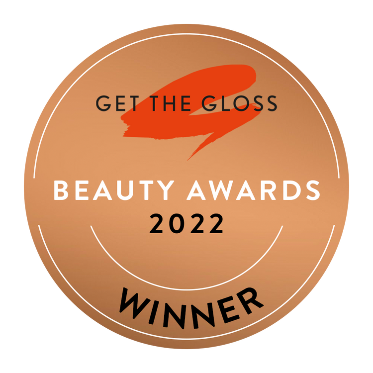 Badge for Get the Gloss Beauty Awards 2022 Winner with a brown border and red logo.